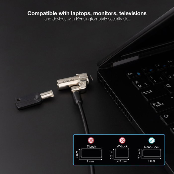 Tooq Cable de Seguridad Tipo NANO con Llave, 1.5m, Gris Oscuro Tooq Cable de Seguridad Tipo NANO con Llave, 1.5m, Gris Oscuro